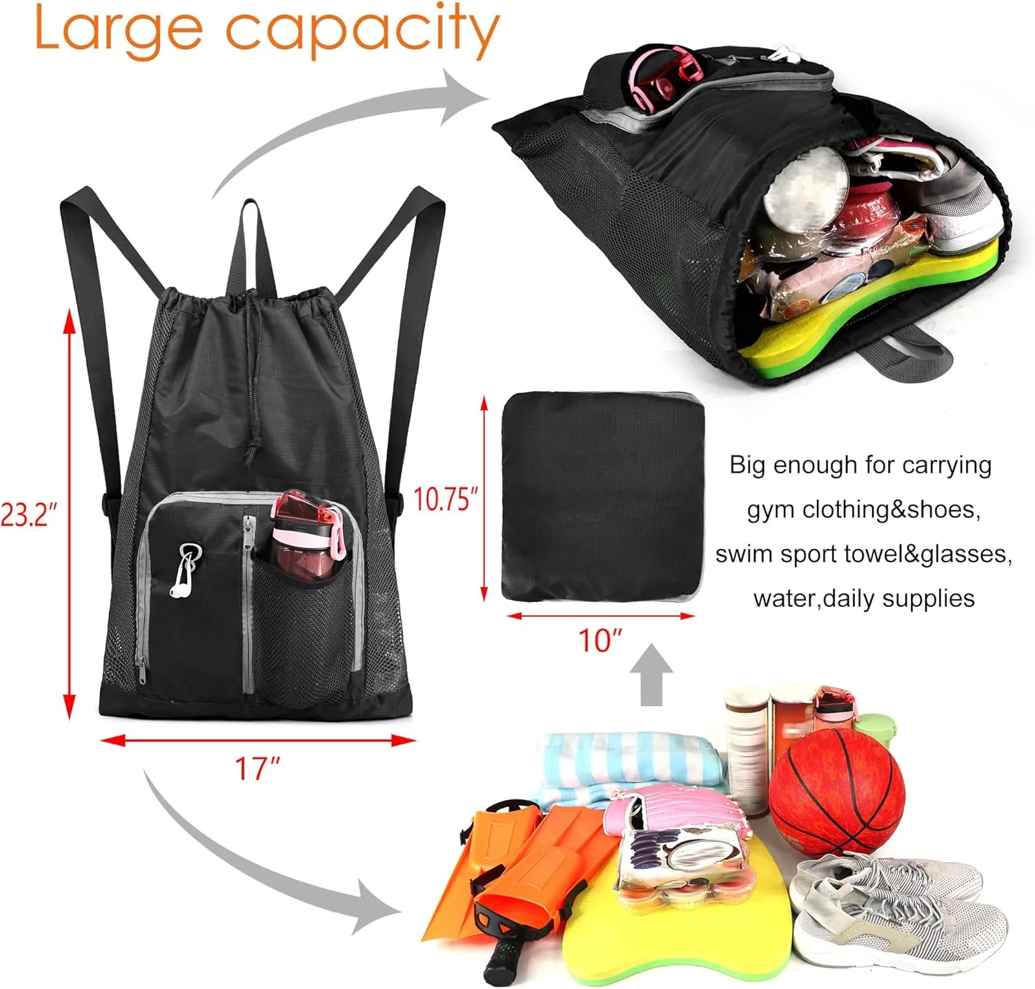 BeeGreen Drawstring Backpack for Men Women Athletic Gym Sports Workout Beach Swim