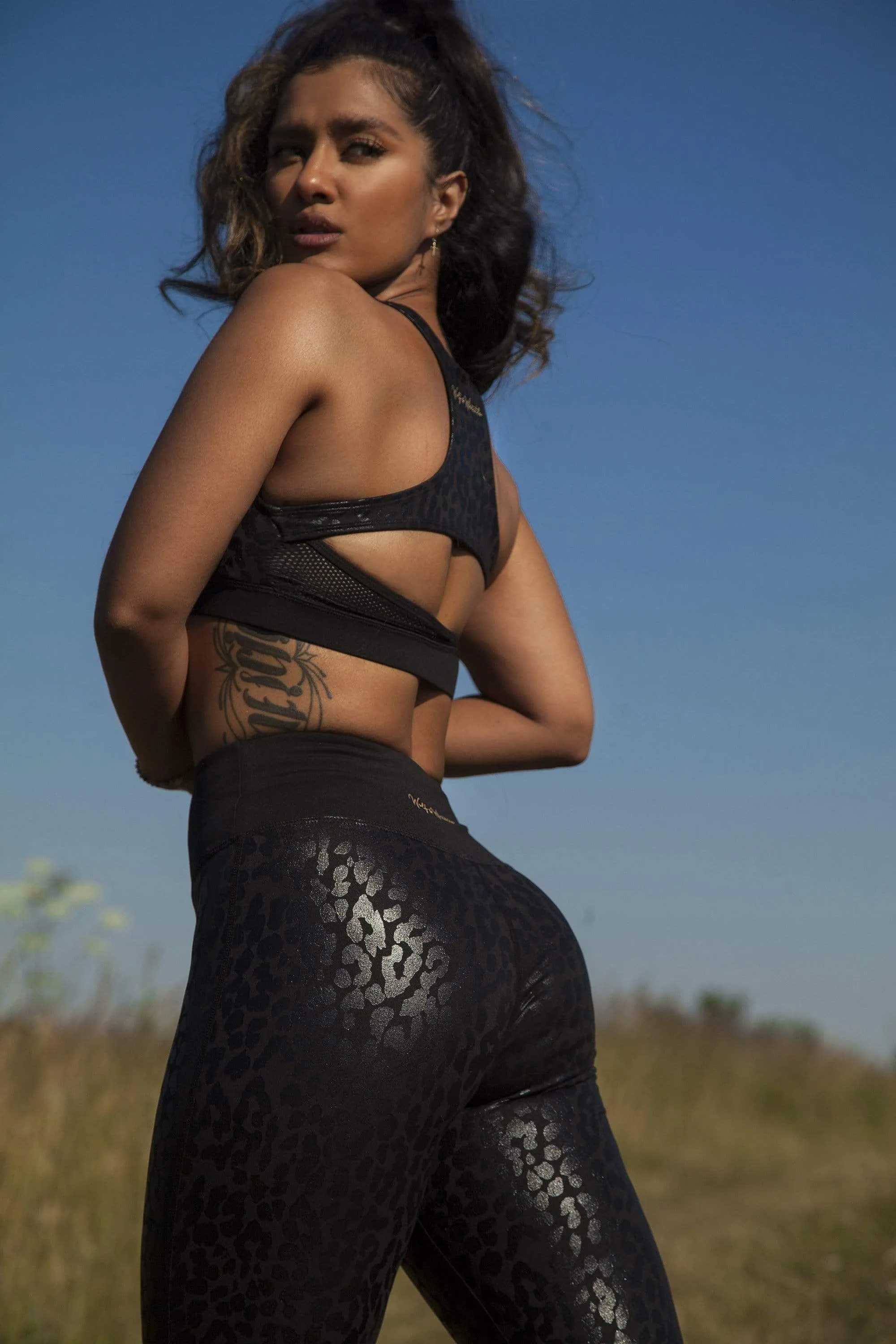 Black Wet Leopard Look Sports Bra