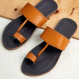 Brown & Yellow Handstitched Leather Kolhapuri Men Sandal