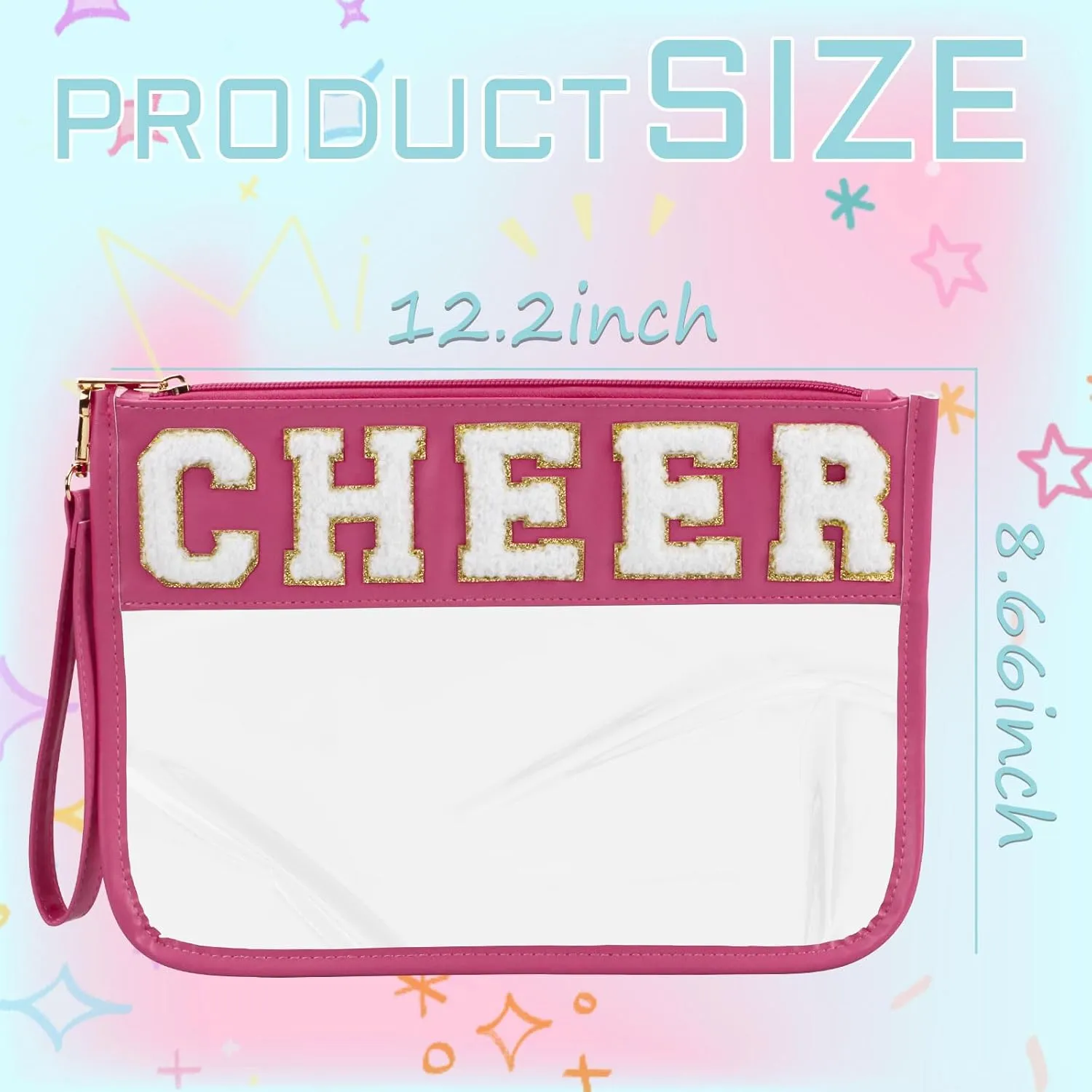 Cheer Chenille Letter Bags Clear Makeup Bag, Cheerleader Gifts Cosmetic Bag, Varsity Preppy Patch Flat Pouch Cheer Accessories, Waterproof PVC Organizer Toiletry Bag for Women Girls
