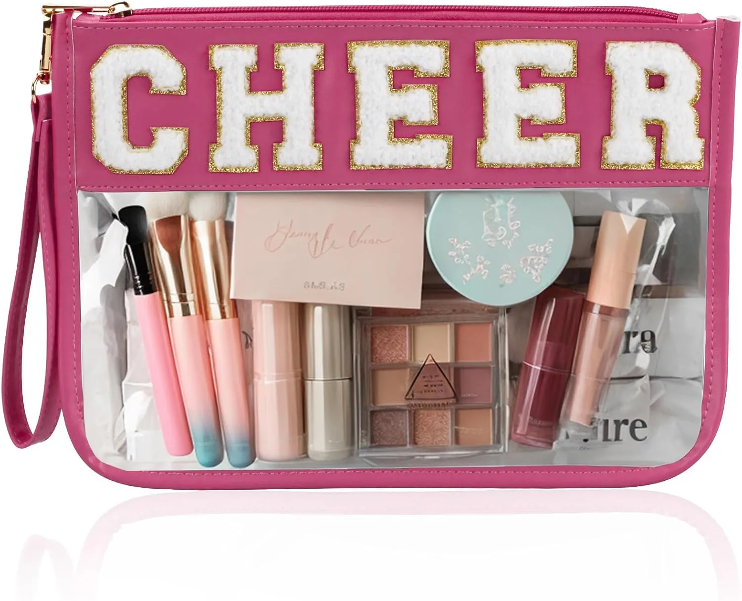 Cheer Chenille Letter Bags Clear Makeup Bag, Cheerleader Gifts Cosmetic Bag, Varsity Preppy Patch Flat Pouch Cheer Accessories, Waterproof PVC Organizer Toiletry Bag for Women Girls