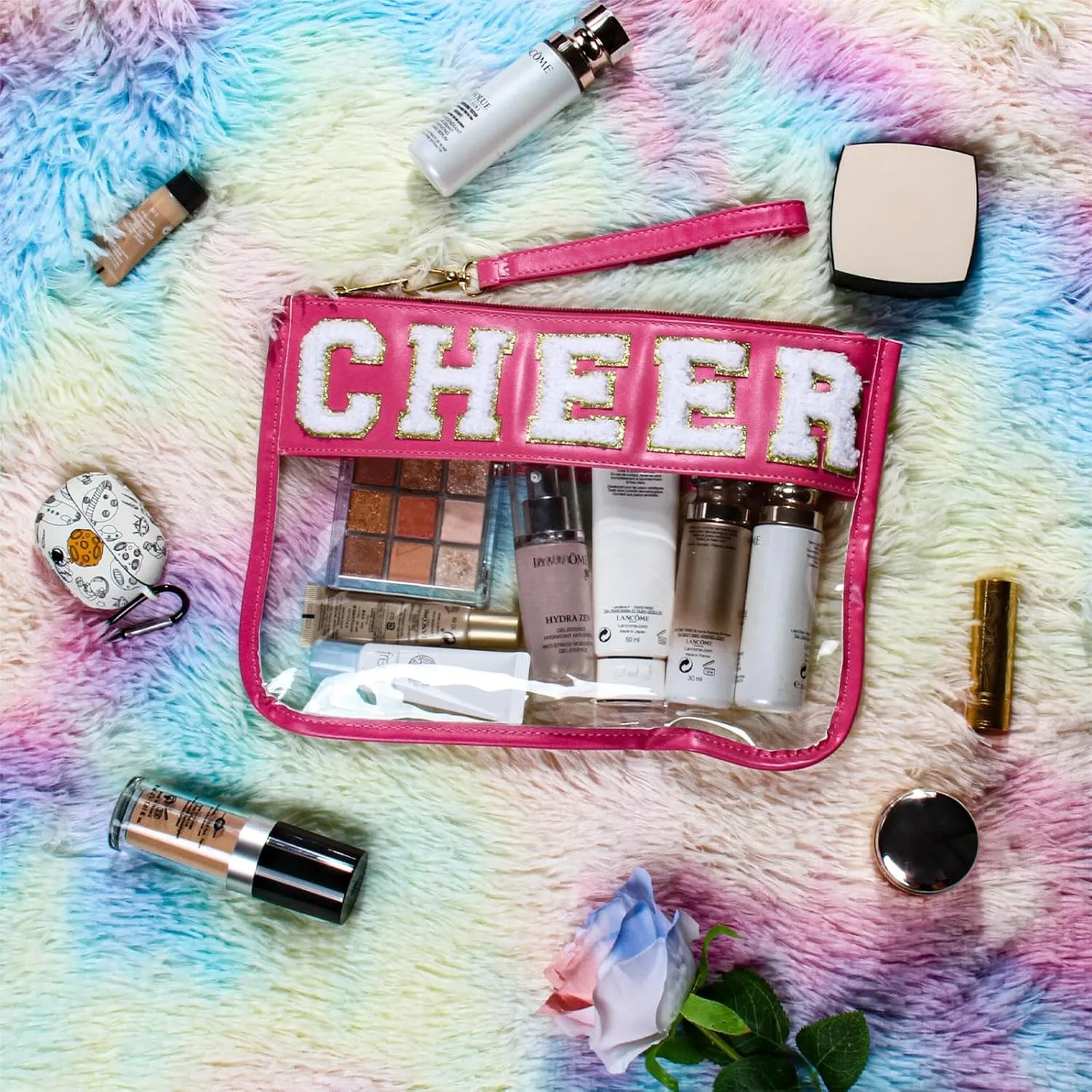 Cheer Chenille Letter Bags Clear Makeup Bag, Cheerleader Gifts Cosmetic Bag, Varsity Preppy Patch Flat Pouch Cheer Accessories, Waterproof PVC Organizer Toiletry Bag for Women Girls
