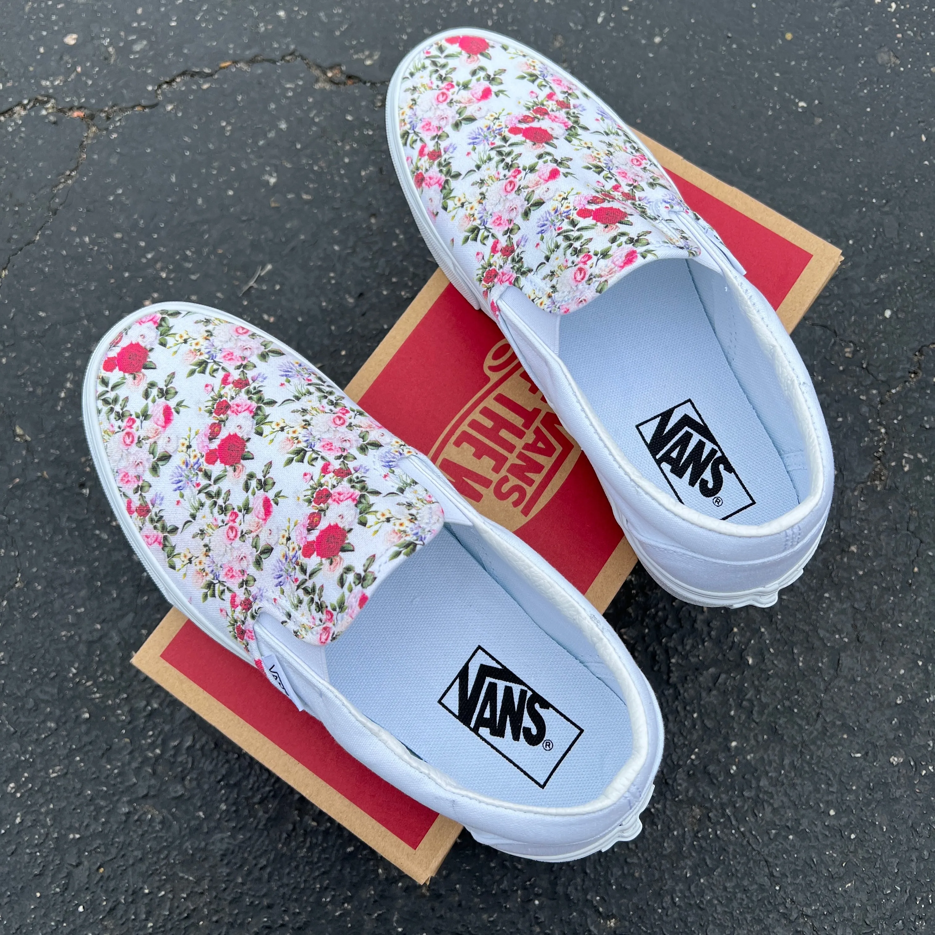 Classic Vintage Floral Pattern - Custom Vans White Slip On Shoes - Custom Vans Shoes