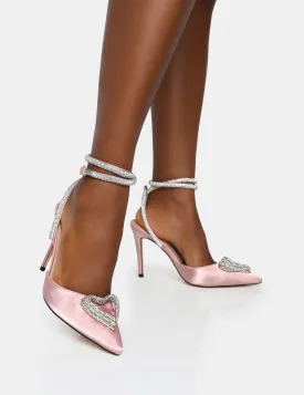 Cupid Baby Pink Satin Diamante Wrap Around Pointed Stiletto Heels