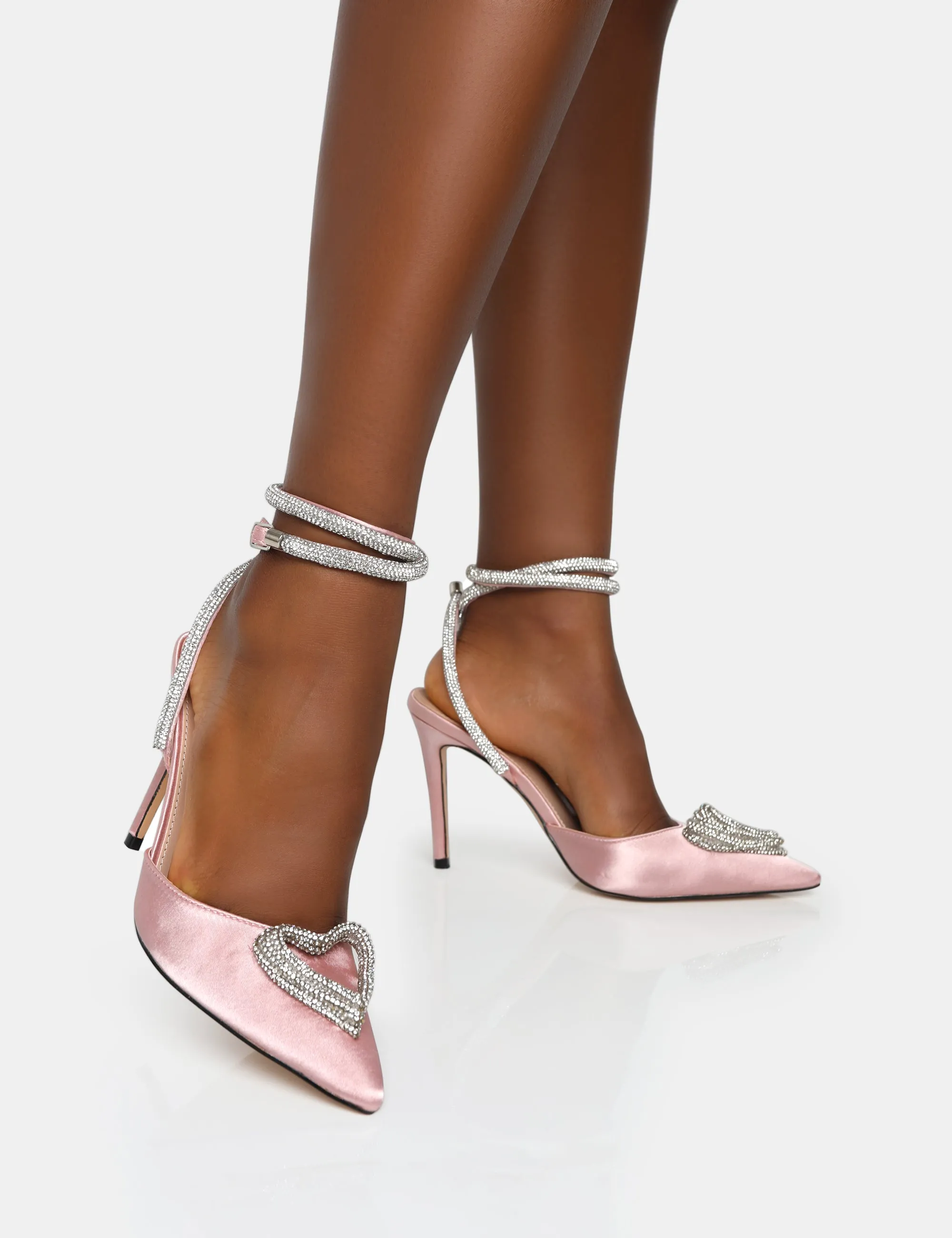 Cupid Baby Pink Satin Diamante Wrap Around Pointed Stiletto Heels