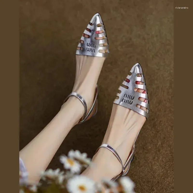 Dress Shoes Baotou Thick Heel Sandals Women's Summer Leather Pointed High Heels Hollow Out Casual Fashion