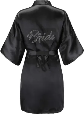 EPLAZA Women's One Size Silver Rhinestones Bride Bridesmaid Short Satin Robes for Wedding Party Getting Ready