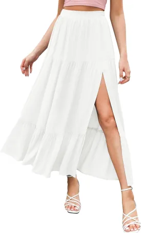 HAEOF Women's 2025 Summer Flowy Boho Maxi Skirt Trendy Slit Elastic High Waist A Line Beach Long Skirts with Pockets