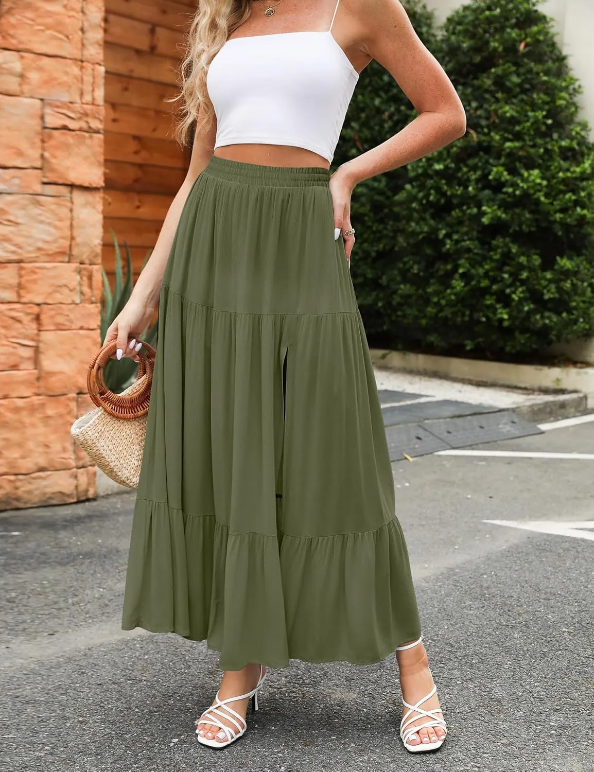 HAEOF Women's 2025 Summer Flowy Boho Maxi Skirt Trendy Slit Elastic High Waist A Line Beach Long Skirts with Pockets