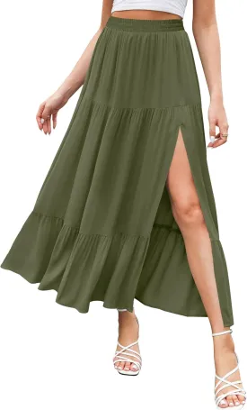HAEOF Women's 2025 Summer Flowy Boho Maxi Skirt Trendy Slit Elastic High Waist A Line Beach Long Skirts with Pockets