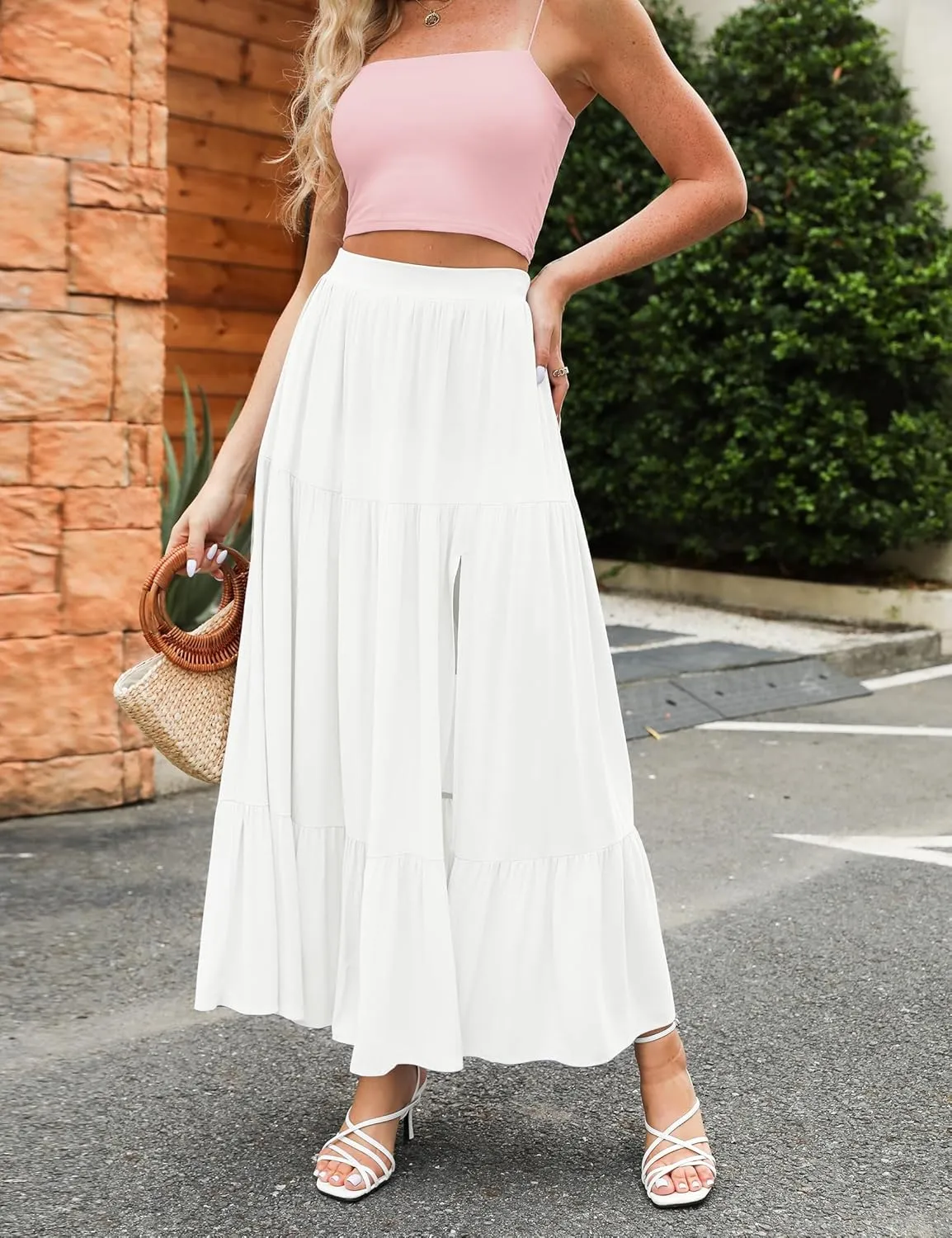 HAEOF Women's 2025 Summer Flowy Boho Maxi Skirt Trendy Slit Elastic High Waist A Line Beach Long Skirts with Pockets