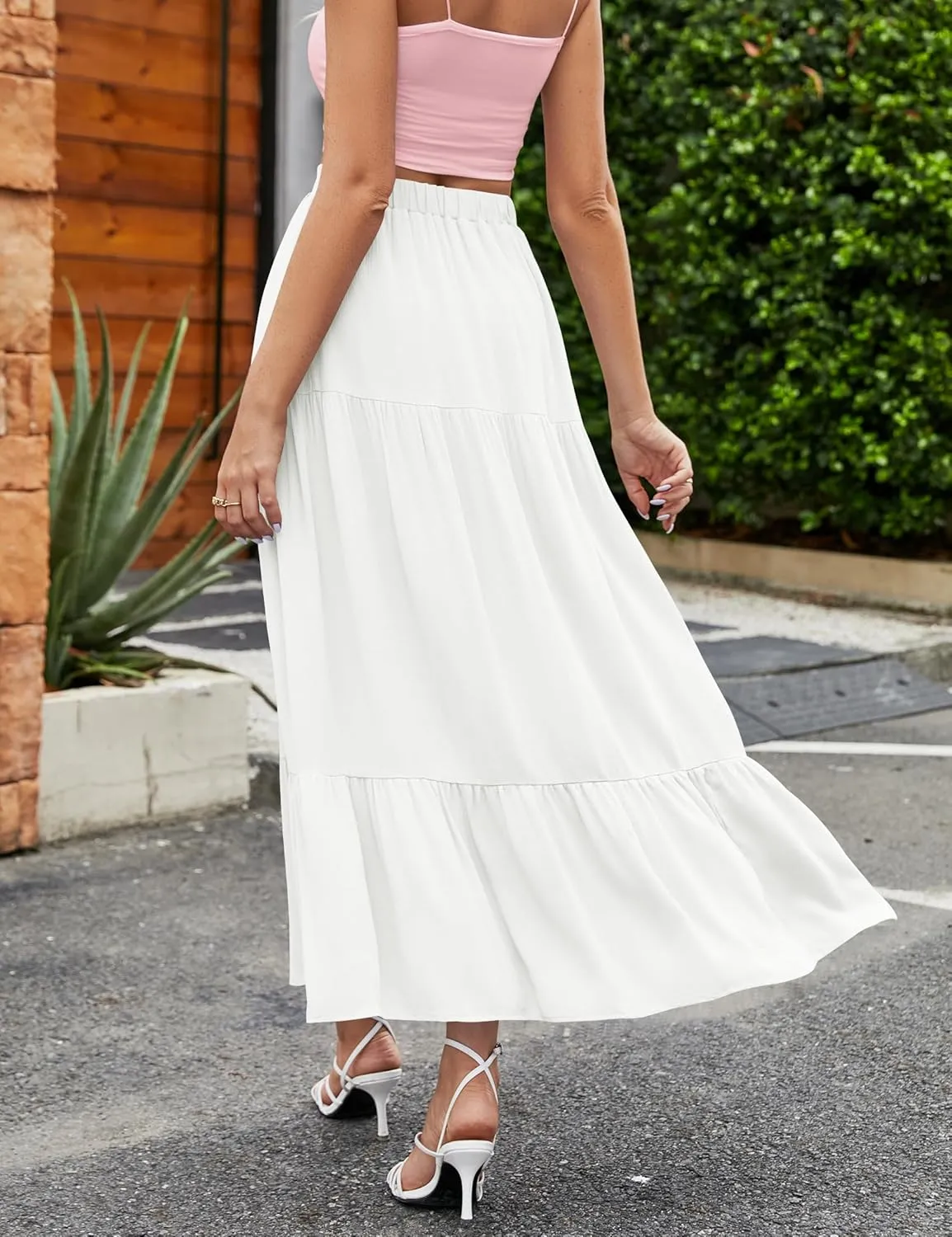 HAEOF Women's 2025 Summer Flowy Boho Maxi Skirt Trendy Slit Elastic High Waist A Line Beach Long Skirts with Pockets