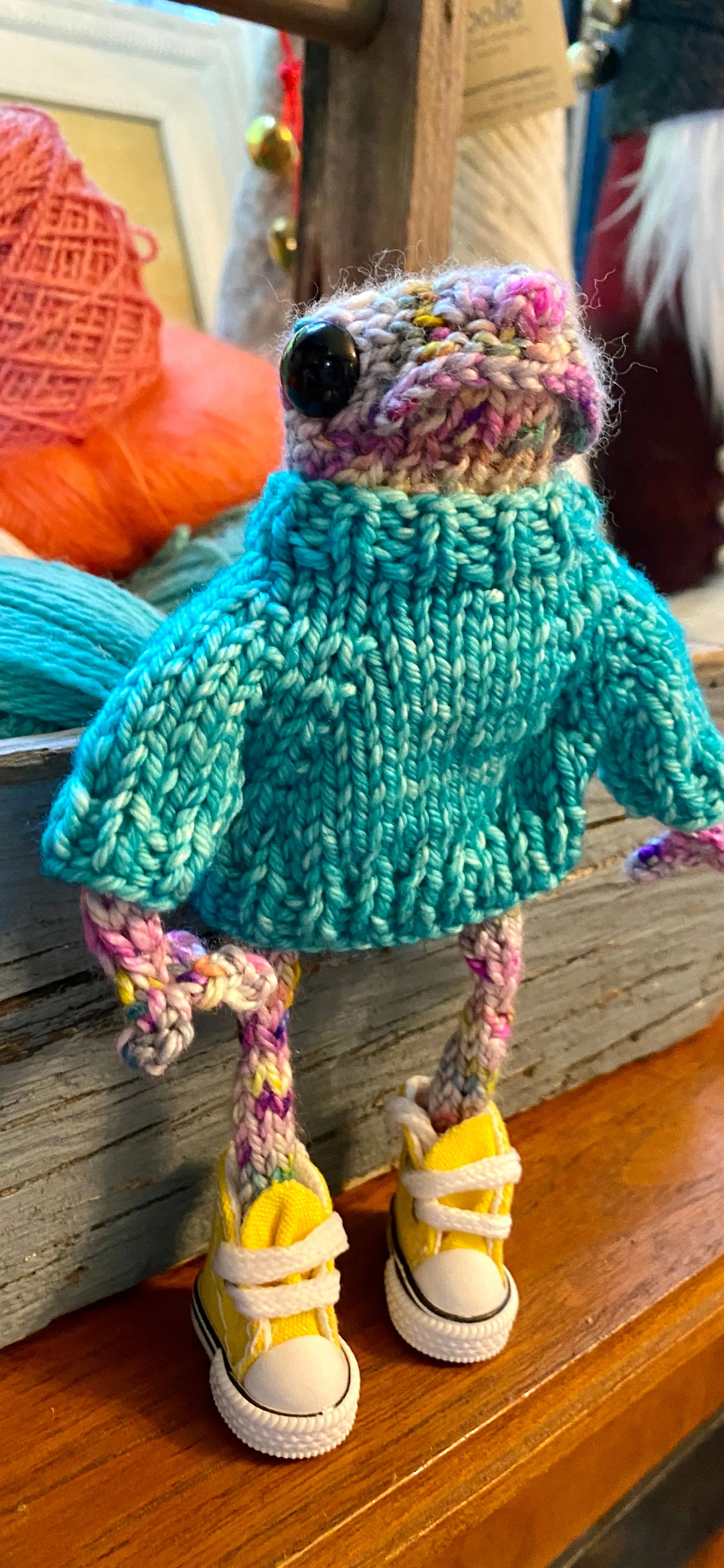 Norman Hand knit frog with sweater posable legs with yellow converse like high tops cute collectible