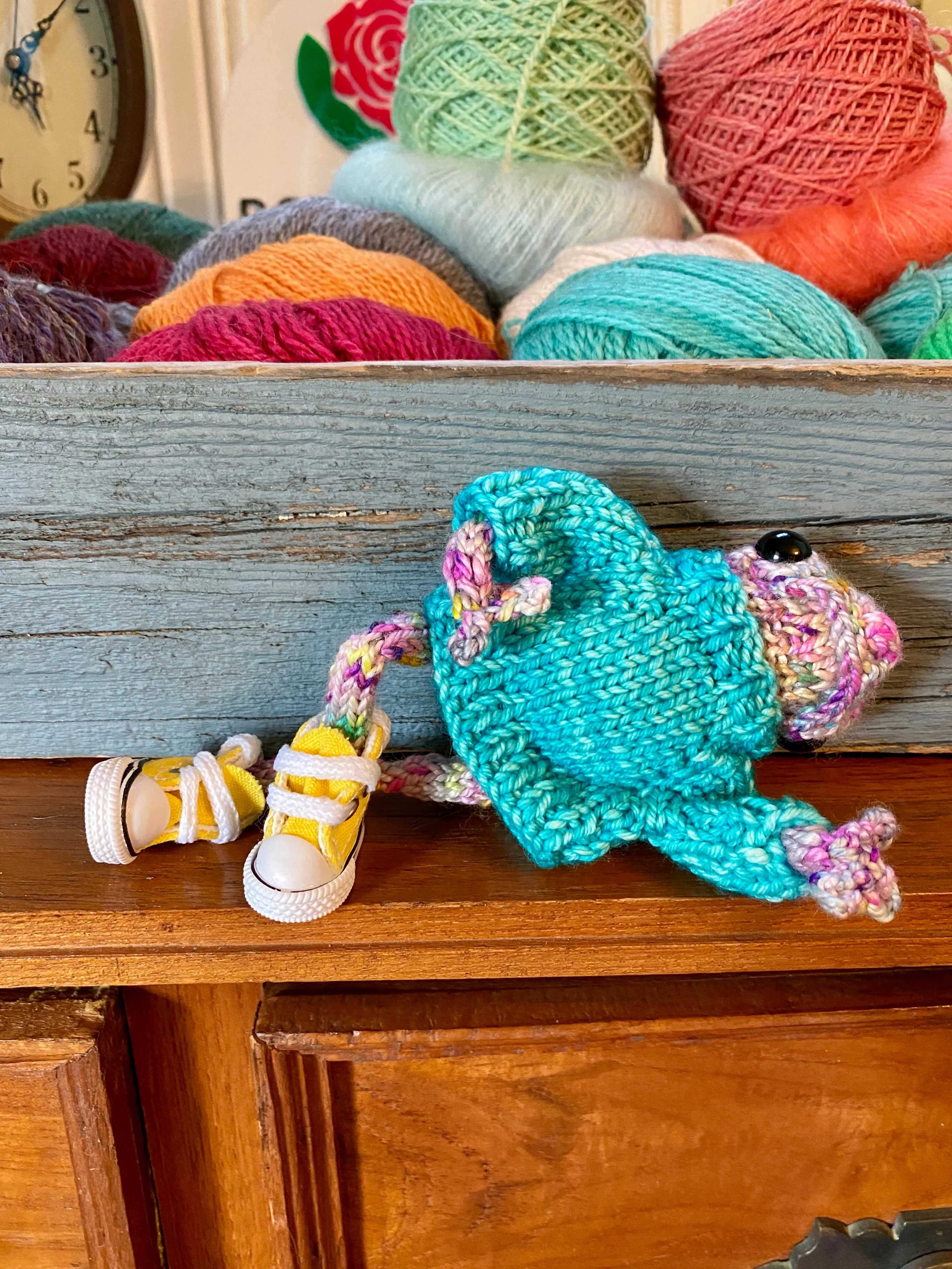 Norman Hand knit frog with sweater posable legs with yellow converse like high tops cute collectible