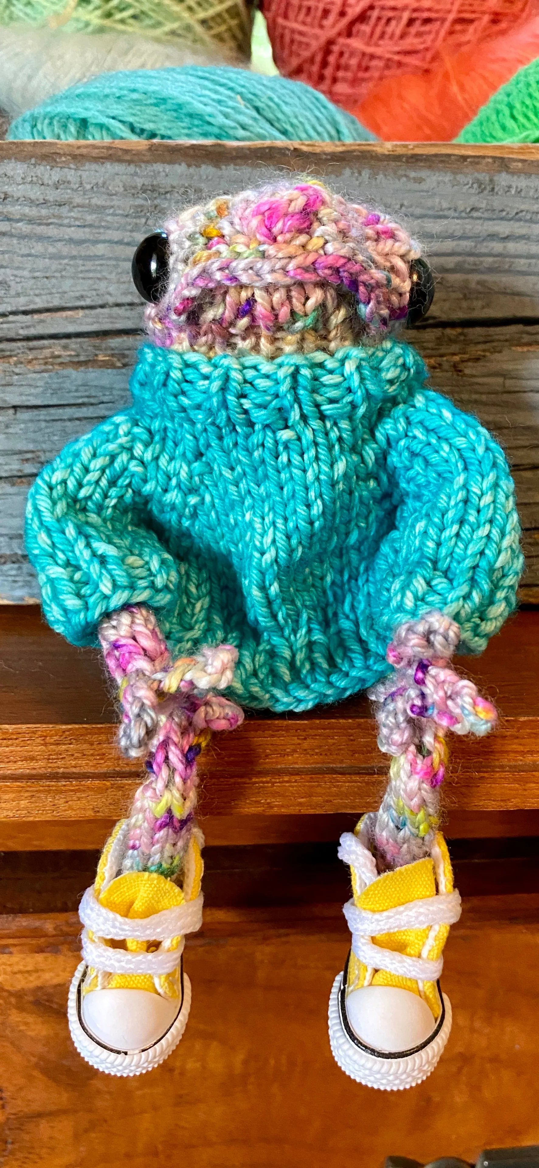Norman Hand knit frog with sweater posable legs with yellow converse like high tops cute collectible