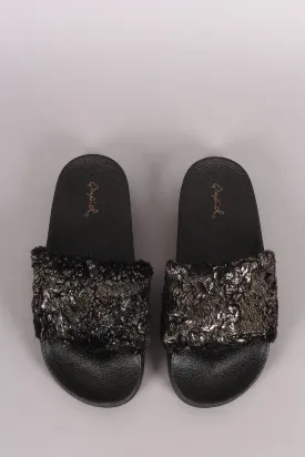 Qupid Metallic Faux Fur Slide Sandal