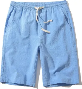 SIR7 Men's Linen Casual Classic Fit 11 Inch Inseam Elastic Waist Shorts with Drawstring