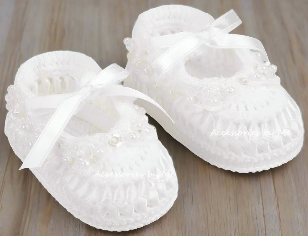 White Pearl Satin Trim Booties