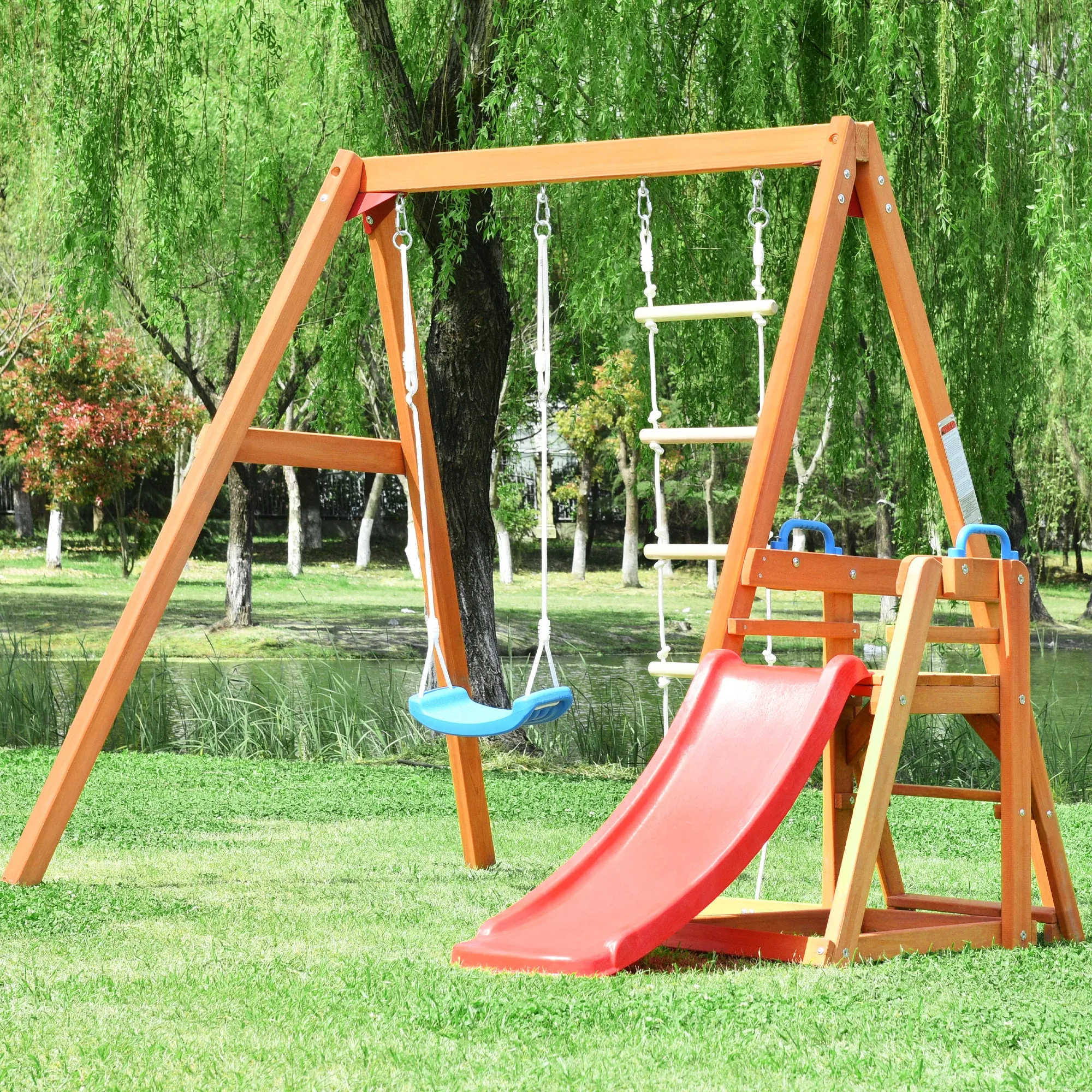 Wooden Swing-N-Slide Set: Ideal for Backyard Fun with Slide, Swings, and Climber. Toddler-Friendly and Easy to Assemble