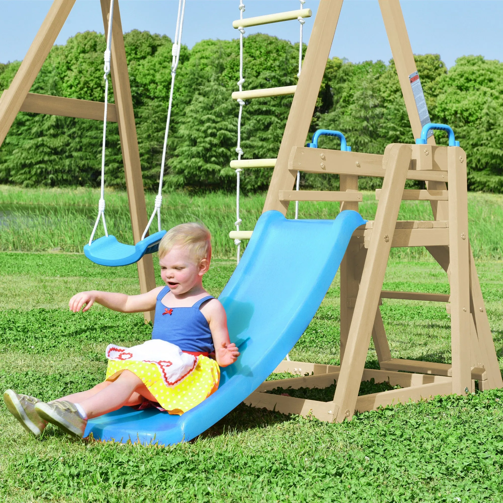 Wooden Swing-N-Slide Set: Ideal for Backyard Fun with Slide, Swings, and Climber. Toddler-Friendly and Easy to Assemble