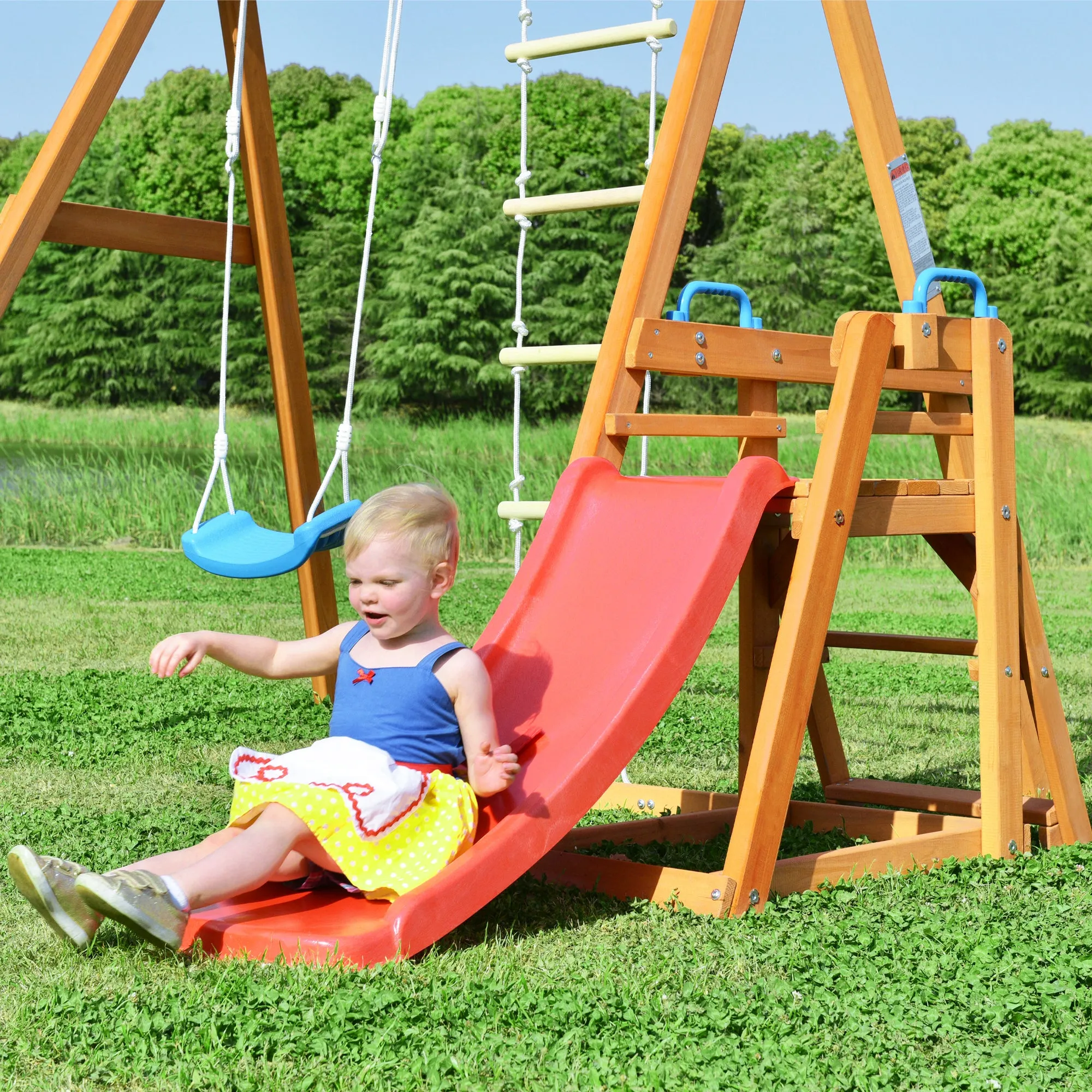Wooden Swing-N-Slide Set: Ideal for Backyard Fun with Slide, Swings, and Climber. Toddler-Friendly and Easy to Assemble