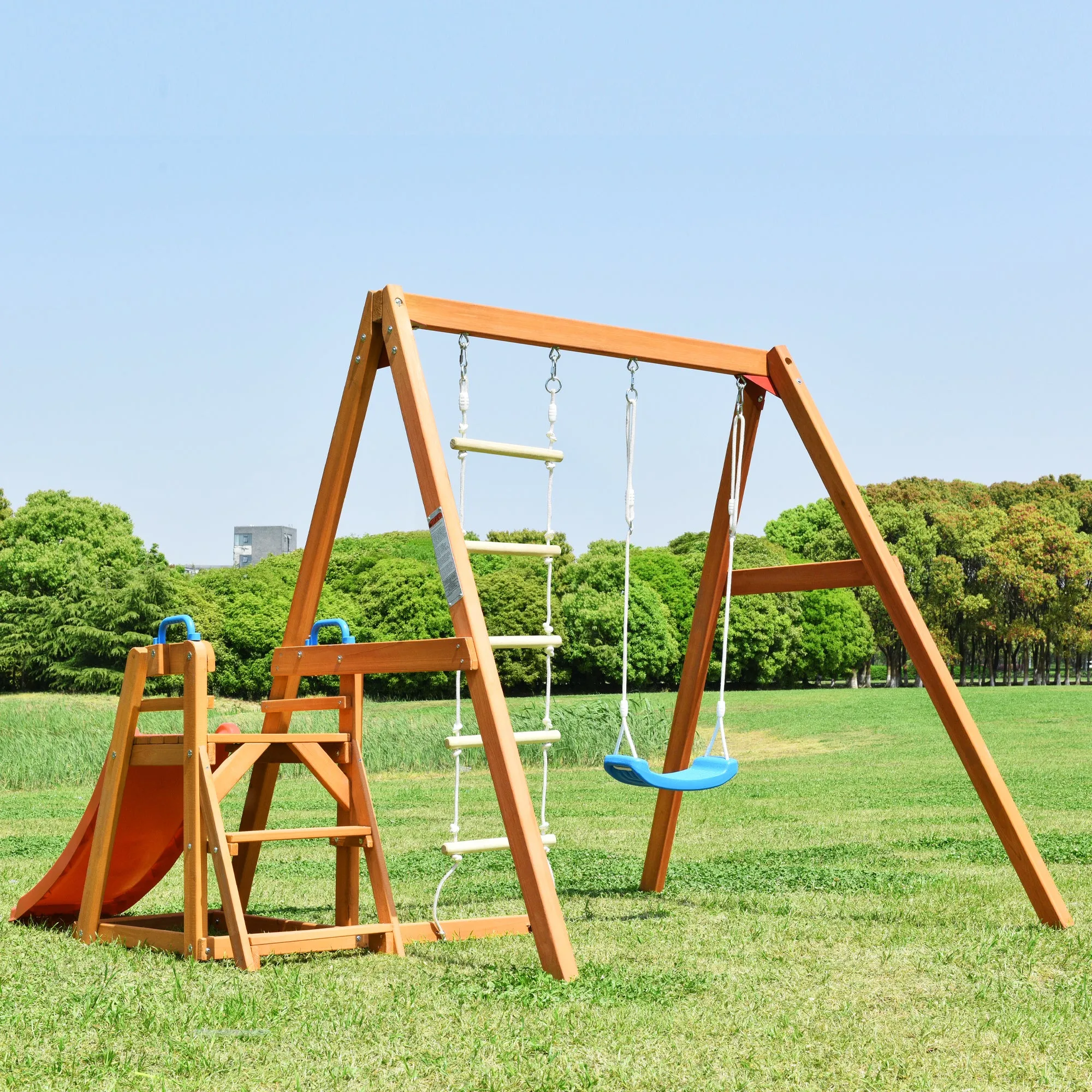Wooden Swing-N-Slide Set: Ideal for Backyard Fun with Slide, Swings, and Climber. Toddler-Friendly and Easy to Assemble