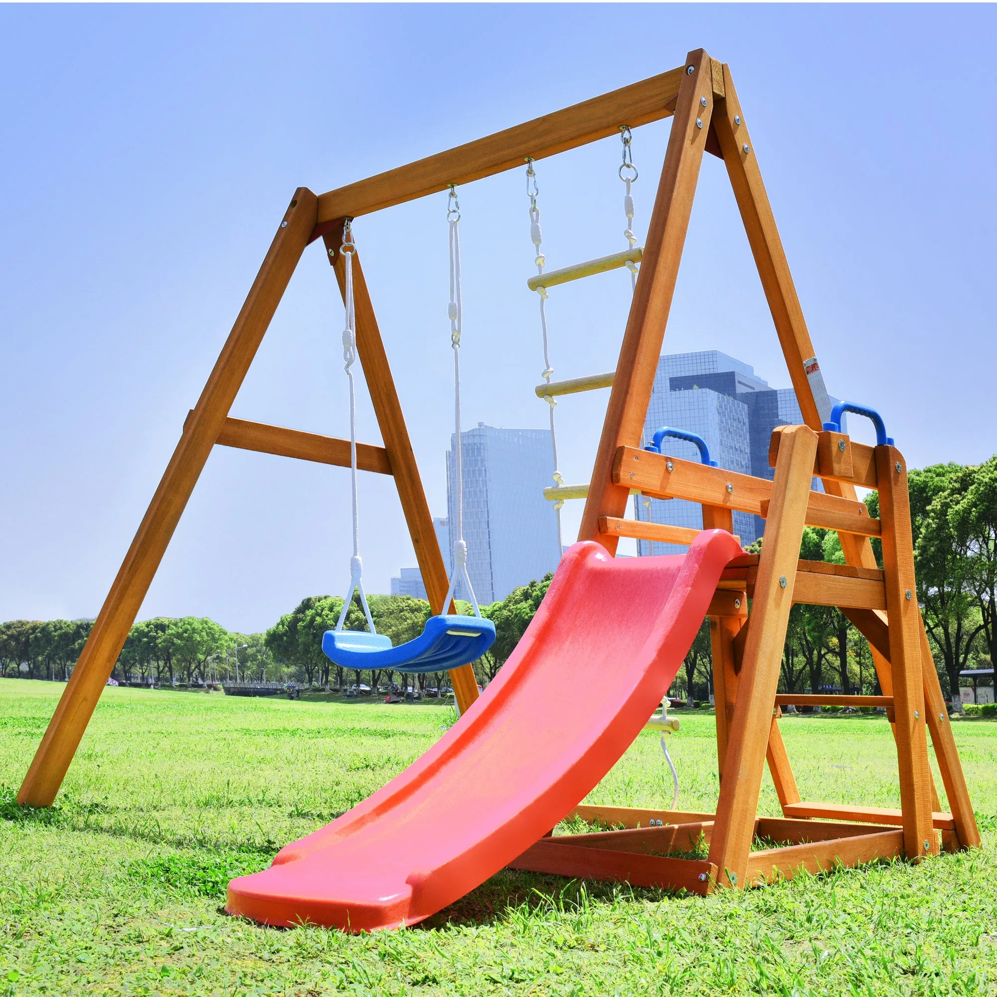 Wooden Swing-N-Slide Set: Ideal for Backyard Fun with Slide, Swings, and Climber. Toddler-Friendly and Easy to Assemble
