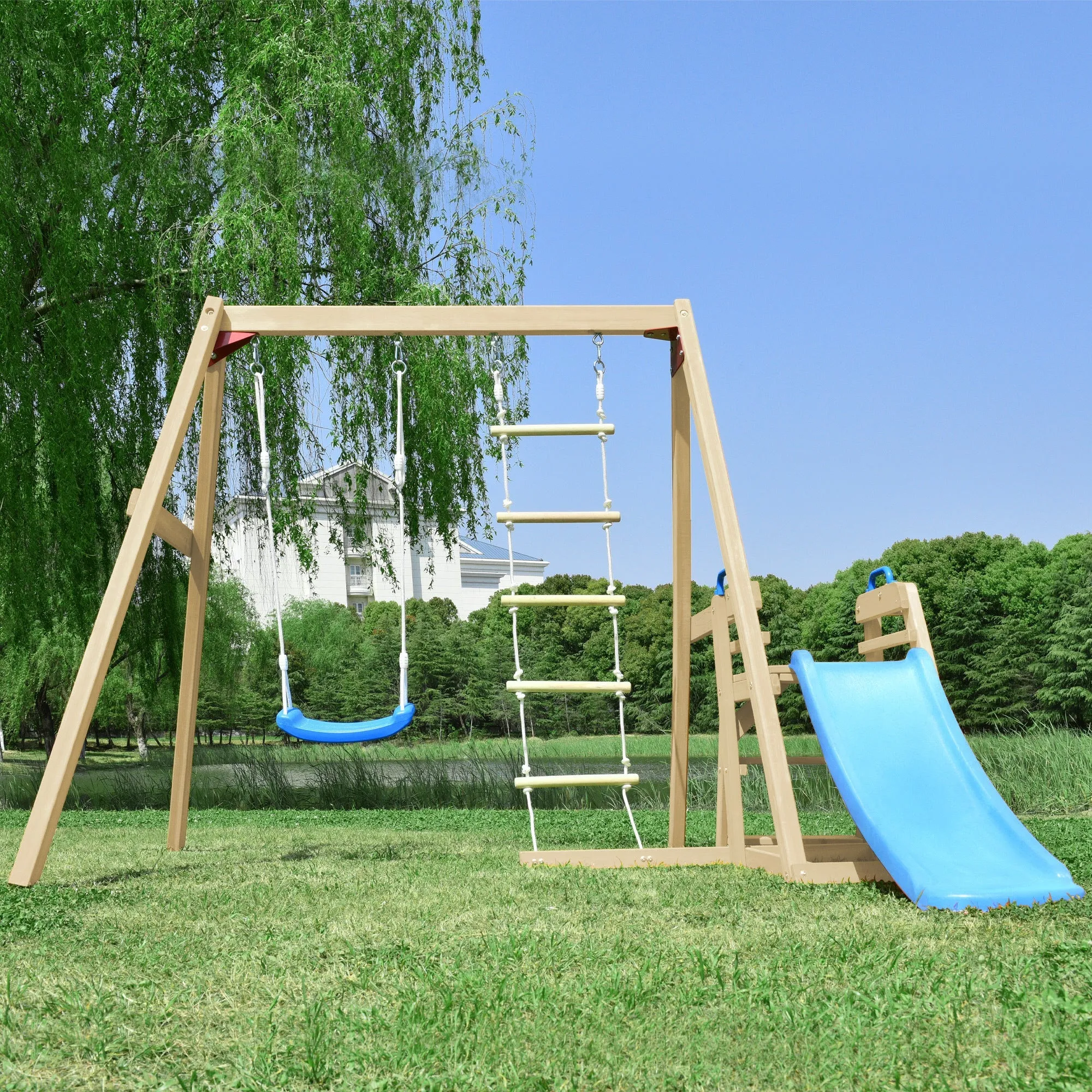 Wooden Swing-N-Slide Set: Ideal for Backyard Fun with Slide, Swings, and Climber. Toddler-Friendly and Easy to Assemble