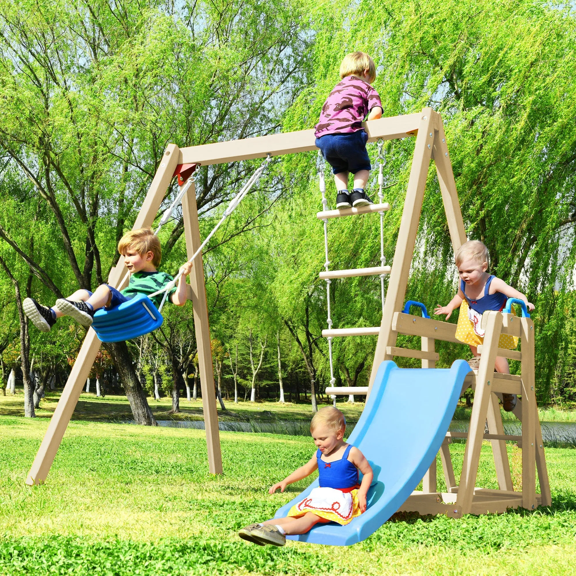 Wooden Swing-N-Slide Set: Ideal for Backyard Fun with Slide, Swings, and Climber. Toddler-Friendly and Easy to Assemble