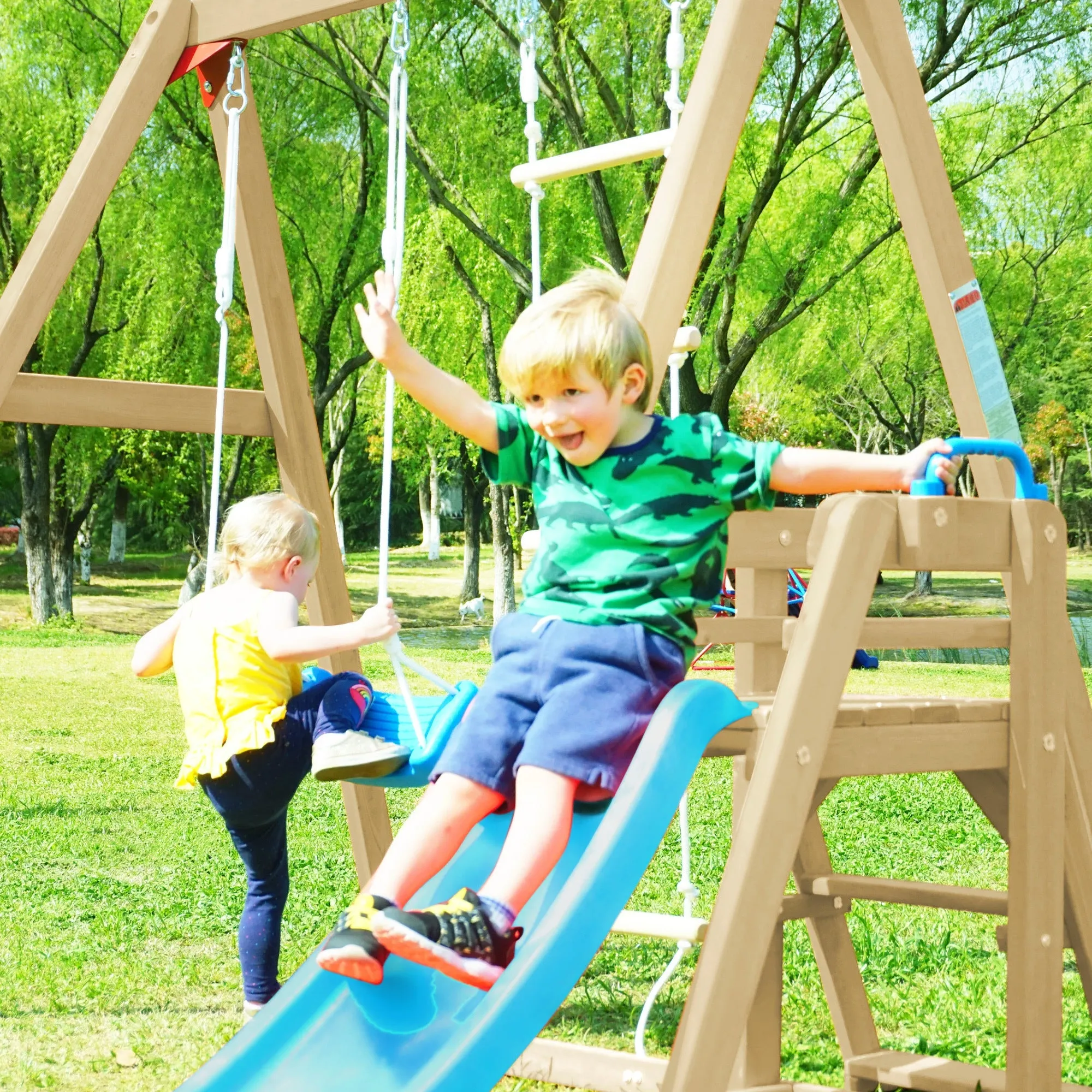 Wooden Swing-N-Slide Set: Ideal for Backyard Fun with Slide, Swings, and Climber. Toddler-Friendly and Easy to Assemble