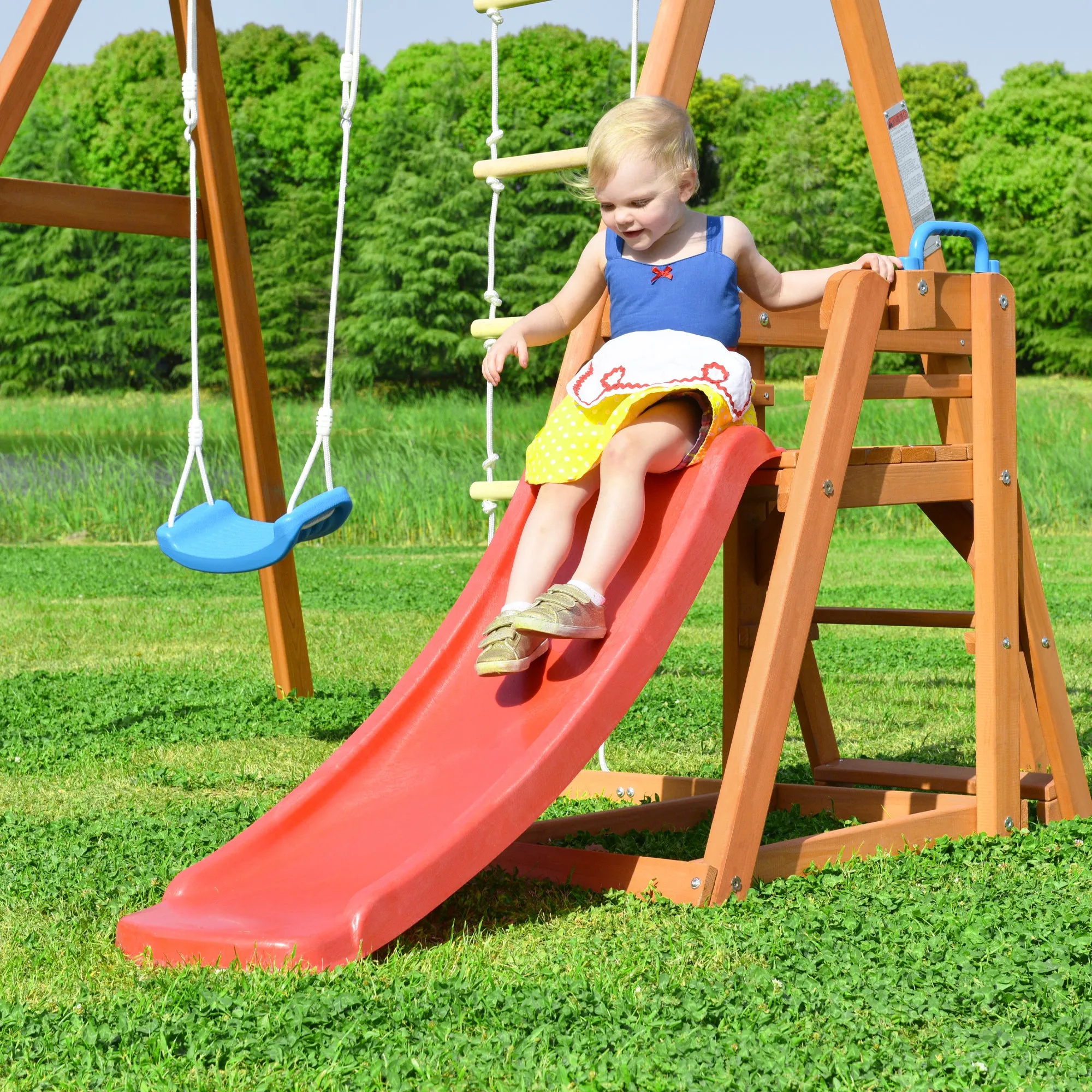 Wooden Swing-N-Slide Set: Ideal for Backyard Fun with Slide, Swings, and Climber. Toddler-Friendly and Easy to Assemble