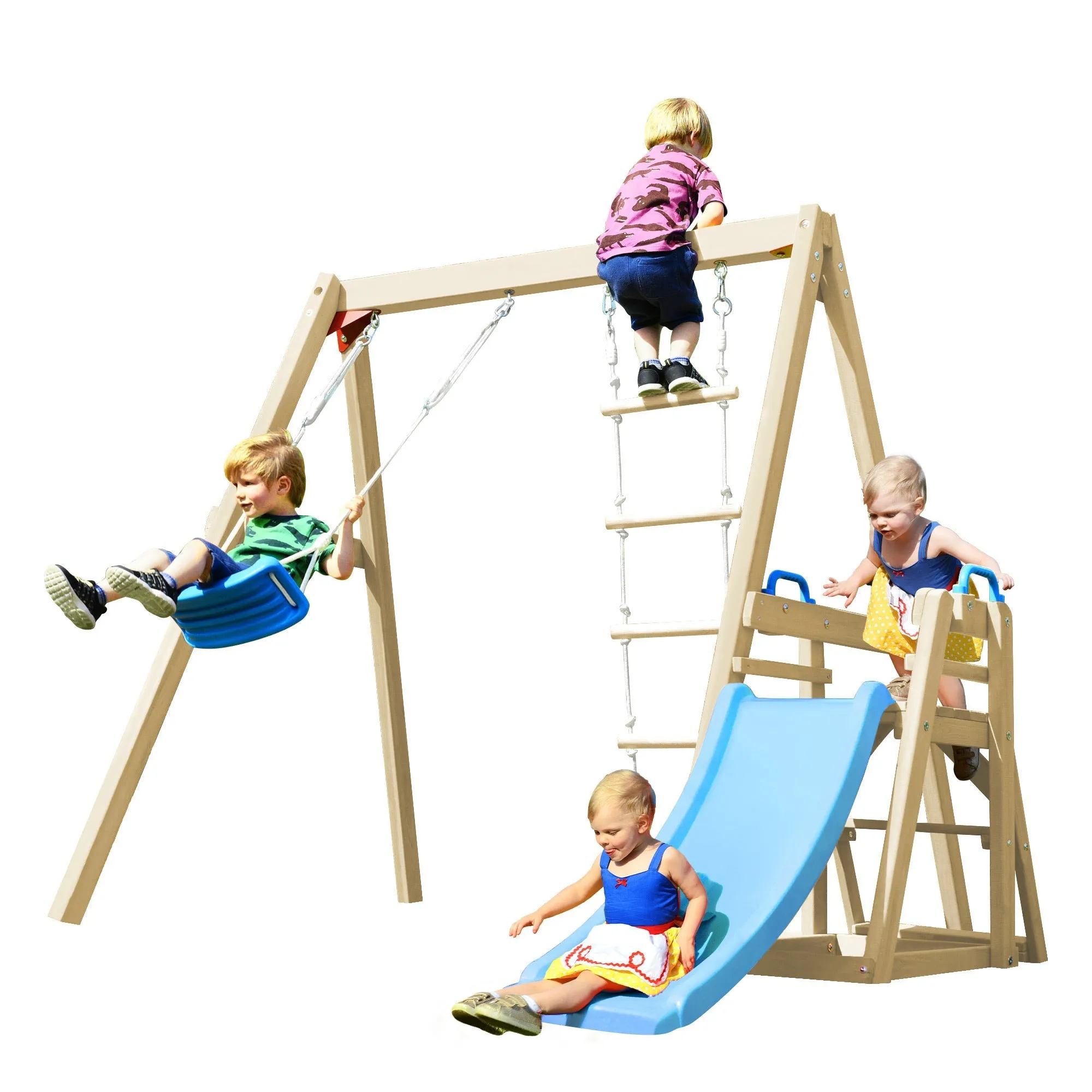 Wooden Swing-N-Slide Set: Ideal for Backyard Fun with Slide, Swings, and Climber. Toddler-Friendly and Easy to Assemble