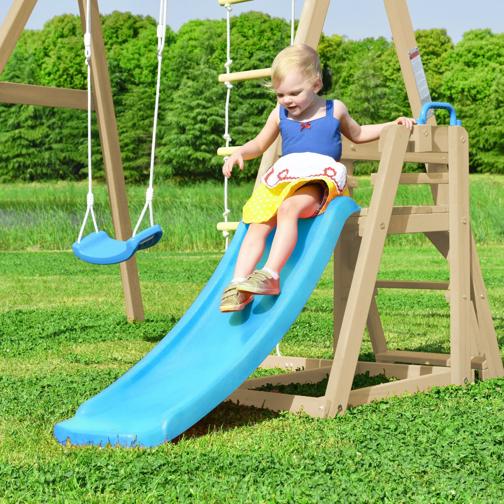 Wooden Swing-N-Slide Set: Ideal for Backyard Fun with Slide, Swings, and Climber. Toddler-Friendly and Easy to Assemble